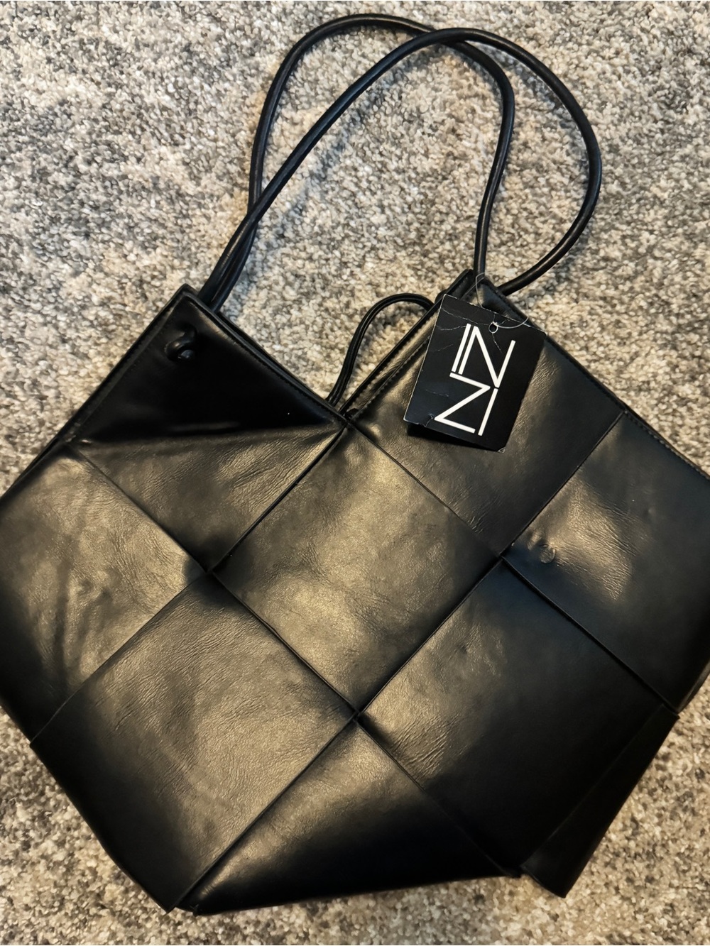 INZI Black Woven-Panel Leather Tote